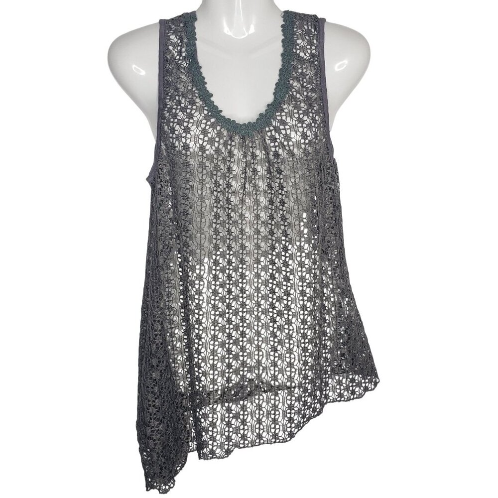Women's Adorn Gray Lace Crochet Tank Top Large Polyester Swim Cover Up